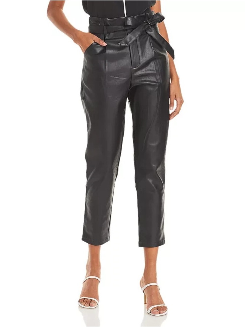 Lucy Paris Black Faux Leather Paperbag Ankle Pants with Tie Waist